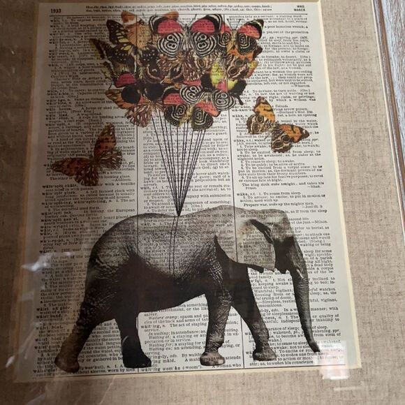 Framed Elephant and Butterfly Print on Recycled Encyclopedia Page - Picture 13 of 16